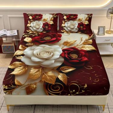 Imagem de AILONEN Jogo de lençol casal de rosa com 2 fronhas, vermelho e branco luxuoso, 3 peças para todas as estações, jogo de lençol com tema romântico floral para decoração de casa