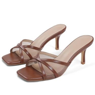 Imagem de Eteridrey Salto gatinho preto feminino salto de malha salto quadrado aberto salto mule verão confortável salto baixo, 1 marrom, 37