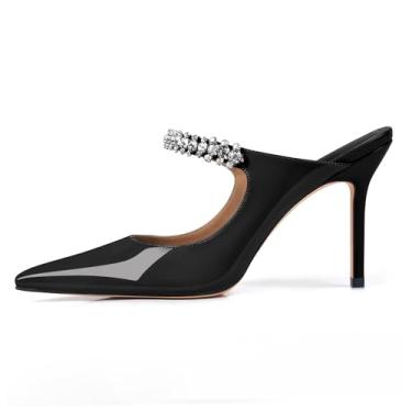 Imagem de XINIUNIU Sandálias femininas de salto alto com strass bico fino sem cadarço de 10 cm stiletto bico fechado sapatos de casamento, Preto, 42
