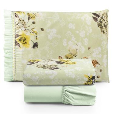 Imagem de Jogo Cama Lençol Fiore Solteiro Estampado 180 Fios 100% Algodão com Babadinho 3 Peças Verde Floral