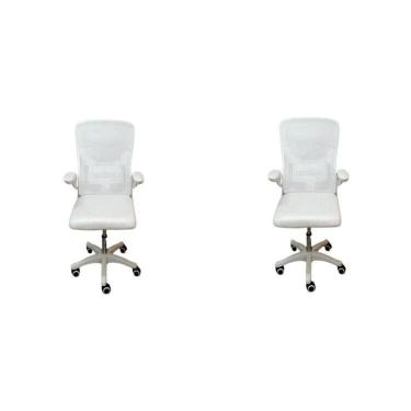 Imagem de Kit com 2 Cadeiras Escritório Diretor Tela Mesh Braço Regulável Ajuste Lombar Bogotá Branca