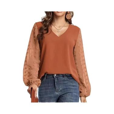 Imagem de Blusa Casual Feminina De Manga Longa Com Decote Em V E Cor Sólida, Est