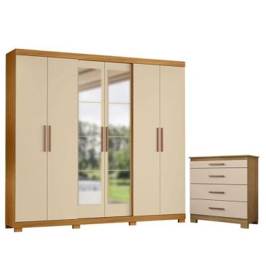 Imagem de Cômoda 4 Gavetas New E Guarda Roupa Casal San Diego Com Espelho Carvalho Americano Off White - Incorplac