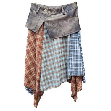 Imagem de Saia feminina de couro PU xadrez, patchwork, outono de 2025 - Taiyuank