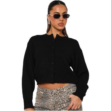 Imagem de Cardigan Curto Feminino Y2k Com Frente Aberta E Manga Comprida, Jaqueta Cardigan De Malha Com Gola Redonda E Botões, Black, S