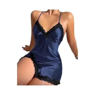 Imagem de Camisola Elegante De Renda E Cetim Sem Costas, Sexy Com Decote V Profu