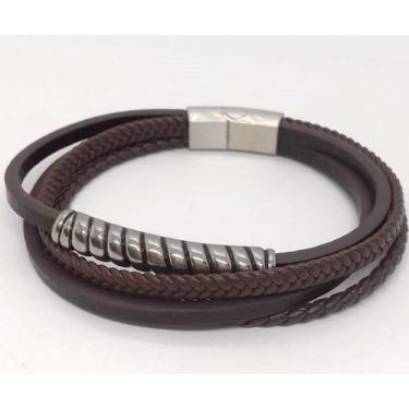 Imagem de Bracelete Masculino Aço Couro Marrom Trançado 21cm Steel - Rosso Desig
