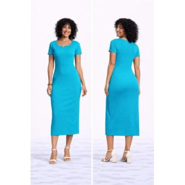 Imagem de Vestido Midi Feminino Rosa em Ribana Canelada com Elastano Rovitex, Az