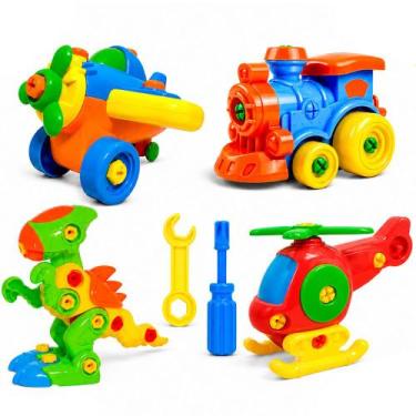 Imagem de Kit 4 Brinquedos Didáticos de Montar Dinossauro Helicóptero Trem e Avi