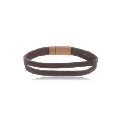 Imagem de Bracelete 20cm Couro Marrom Duplo com Fecho Rosê Fosco - Rosso Design
