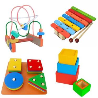 Imagem de Kit Educativo de Madeira Infantil 4 em 1  Aramado, Cubo de Encaixe, Xi