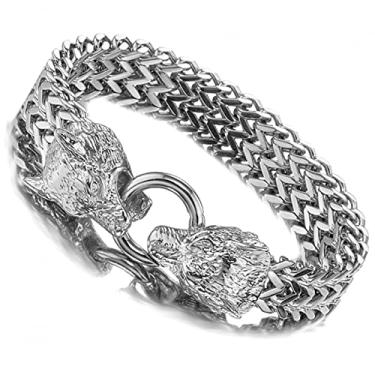 Imagem de suhang 8,66" Pulseira Dupla Crânio/Lobo/Cabeça De Leão Em Espinha De Peixe Para Homens Jóias Masculinas De Aço Inoxidável Prata Ouro Hip Hop