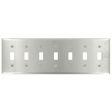 Imagem de Leviton 84070-40 7- Gang Placa de parede de metal de aço inoxidável, tamanho padrão, suporte de dispositivo, aço inoxidável