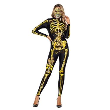 Imagem de Yajun Macacão feminino de caveira 3D com moldura de corpo humano estampada, roupa de festa para adultos, traje de Halloween, dourado, P (150