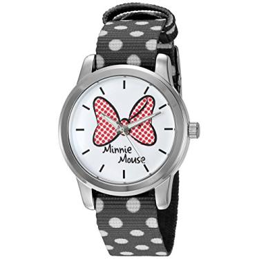 Imagem de Disney Relógio feminino de liga de prata da Minnie Mouse, preto reversível com pulseira de nylon de bolinhas brancas, W002878