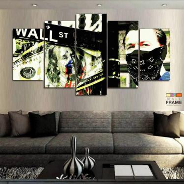Imagem de Quadro Decorativo Lobo Wall Street Dólar 5 peças 130 x 63