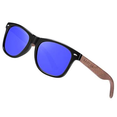 Imagem de Óculos de sol polarizados BARCUR para homens e mulheres, óculos de sol de madeira com caixa de madeira preto nogueira, Dark Blue, 145 mm