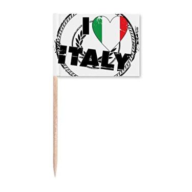 Imagem de Bandeira I Love Italy com estampa de coração de amor e palito de dentes marcadores para decoração de festa