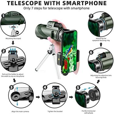 Imagem de Telescópio monocular de alta definição 40X60 com suporte para smartphone e tripé - Lente FMC e prisma BAK4 - para observação de pássaros, concerto, viagem, monóculos de baixa visão noturna para adultos e crianças