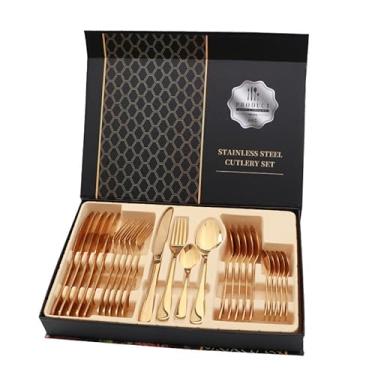 Imagem de Conjunto De Talheres De Aço Inoxidável De 24 Peças Com Caixa De Presente, Conjunto De Talheres Polidos Espelhados, Faca, Garfo, Colher Para Restaurante Doméstico(Ouro)