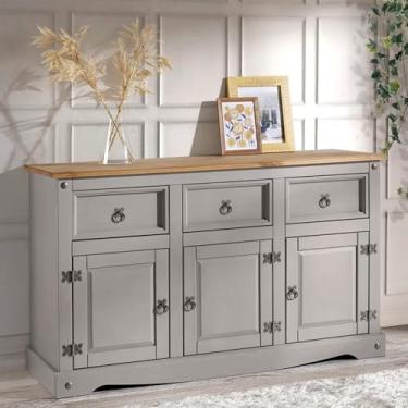 Imagem de Balcão Buffet de Madeira Maciça com 3 portas e 3 Gavetas Cinza Lavado - 75,9 Alt X 125 Larg X 40 Prof - Móveis para Casa, Acabamento em Cera, Madeira Pinus Elliottis - PENSE DENTRO DA CAIXA