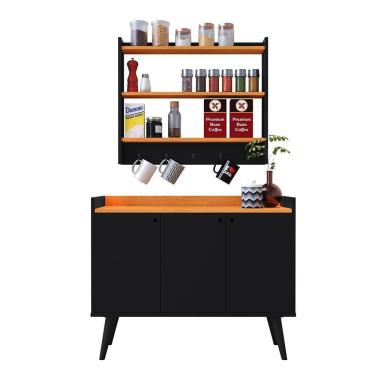 Imagem de Kit Casa Completa Aparador Buffet 3 Portas Pés Palito Wood New Armário Suspenso Prateleiras Ganchos Organizadores Amélia - Preto/Cinamomo - RPM Móveis