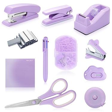 Imagem de Kit de acessórios de mesa roxo lindo conjunto de material de escritório conjunto de grampeador de mesa inclui removedor de grampeadores de grampeador de furo, dispensador de fita esferográfica, mini cortador de caixa, clipes de papel, notas adesivas