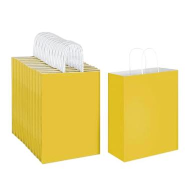 Imagem de Oikss Pacote com 100 sacos de papel kraft amarelo 10 x 5 x 13 com alças a granel para lembrancinhas de festa de aniversário, compras, compras, negócios, sacolas de presente de artesanato reciclado
