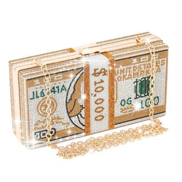 Imagem de WJCD Bolsa clutch de dinheiro com strass pilha de dinheiro exclusiva bolsa de mão para noite bolsa de ombro bolsa tiracolo bolsa de mão com strass, Dourado, Small