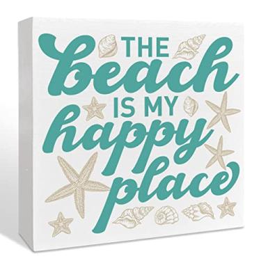 Imagem de Placa de caixa de madeira Farmhouse Beach, The Beach My Happy Place, decoração de praia de verão para casa, quarto, banheiro, casa de praia, oceano, decoração náutica, presentes para mulheres e homens