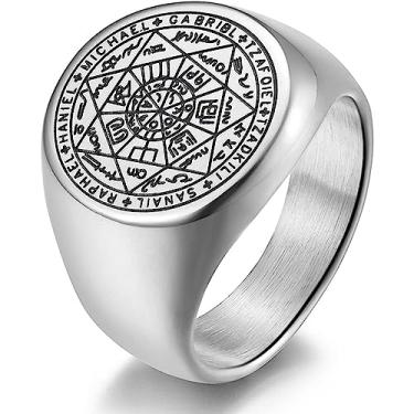 Imagem de YILUOCD Anel Selo dos Sete Arcanjos para Homens - Joia Talismã de Proteção Tetragrama Salomão de Aço Inoxidável, Prata, Sem pedra preciosa