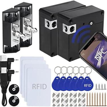 Imagem de Gnellkoor Fechadura de armário RFID, pacote com 2 fechaduras eletrônicas de gaveta RFID, suporte para desbloqueio de NFC, faca escondida de madeira para remédios, gaveta de armário de licores para