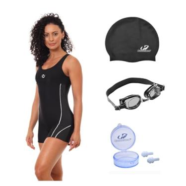 Imagem de Kit Macaquinho Natação Hidroginástica com Touca Óculos UV E Protetor (Preto/Branco - Óculos Preto (Lente fumê), P)