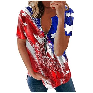 Imagem de Camisetas femininas com bandeira americana Dia da Independência Soltas Meio Zíper Manga Curta Gola Redonda 4 de Julho Memorial Day 2024, Vermelho, M