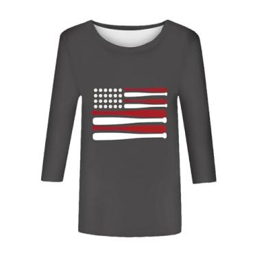 Imagem de Camisetas femininas de manga 3/4 de 4 de julho com bandeira americana patriótica, listras estrelas, túnica, blusas, Cinza, G