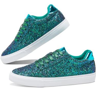 Imagem de Jeekopeg Tênis da moda brilhante brilhante sapatos casuais brilhantes com lantejoulas brilhantes para concertos de corte baixo com cadarço, Glitter verde, 39 BR
