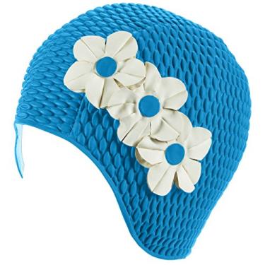 Imagem de Touca de natação de látex – Touca de natação feminina elegante ótima para mulheres, perfeita para manter o cabelo seco – Adequado para cabelos longos – crepe bolha com flores azuis e brancas
