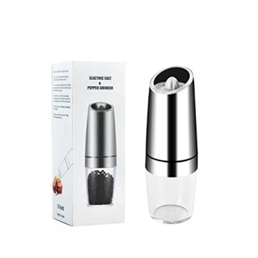 Imagem de Rachel Broz Conjunto de moedor elétrico de sal e pimenta movido a massa automática, aço inoxidável, grossura ajustável com luz LED azul, operação com uma mão (prata)
