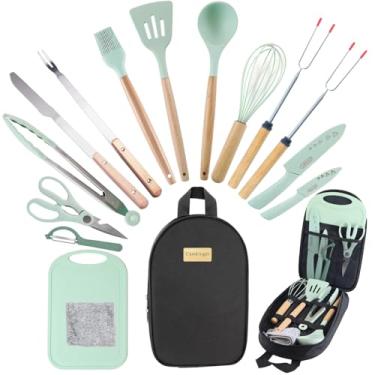 Imagem de Camkinger Conjunto de utensílios de cozinha para acampamento, acessórios de cozinha, conjunto de utensílios de cozinha portátil para acampamento ao ar livre, equipamentos essenciais de silicone para