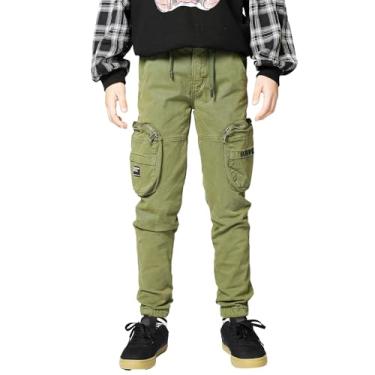 Imagem de LANZIYAYA Calça cargo masculina fashion com bolsos, calça cáqui tática, Verde militar, 8 Anos