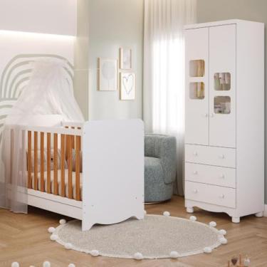 Imagem de Quarto de Bebê Completo Berço Americano Ben 3 Em 1 Guarda Roupa Uli 2 Portas 3 Gavetas Branco Carvalho 100% Mdf Móveis Peroba