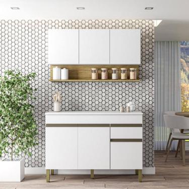 Imagem de Kit Balcão de Pia com Tampo e Aereo 120 cm 6 Portas 1 Gaveta Line