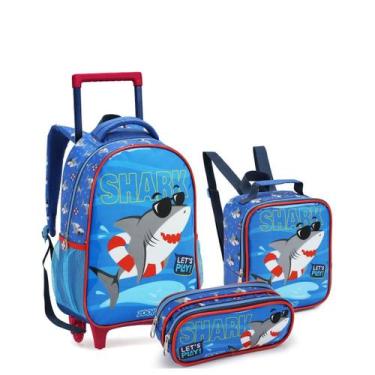 Imagem de Kit Mochila Rodinha Escolar Menino Tubarão Dinossauro Seanite, Azul