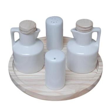 Imagem de Kit Galheteiro 5 peças Azeite, Vinagre, Sal e Paliteiro - Porcelana - 