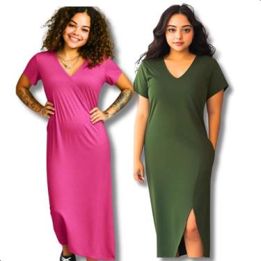 Imagem de Kit 2 Vestido Longo Feminino Midi Liso Com Fenda E Bolsos - Contramão 