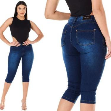 Imagem de Calça Jeans Capri Feminina HNO Cintura Alta Barra Dobrada Azul - HNO J