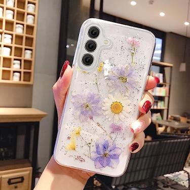 Imagem de EYZUTAK Capa para Samsung Galaxy S24, Bling Glitter Lantejoula Artesanal Flores Secas Verdadeiras Folhas Cristal Transparente Capa Estética Embutida Floral Fina Macia TPU Capa Protetora - Azul Claro