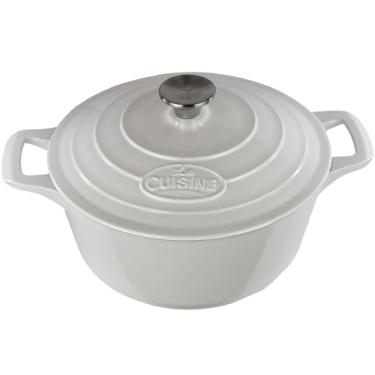 Imagem de La Cuisine 2190 Caçarola de forno holandês coberto de ferro fundido esmaltado, 5 QT 27 centímetros de diâmetro. Revestimento de esmalte branco creme interno, revestimento esmaltado brilhante exterior branco pérola