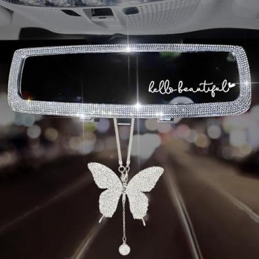 Imagem de Forala 3 pacotes de espelhos retrovisores de carro brilhantes com borboleta de cristal acessórios para mulheres interior universal clipe grande angular espelho retrovisor (branco)