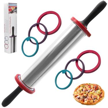 Imagem de SHIKORI Rolo de massa, rolo de massa ajustável com anéis grossos, suprimentos de aço inoxidável para pastelaria de pizza, pasta de torta de fondant - 28 cm